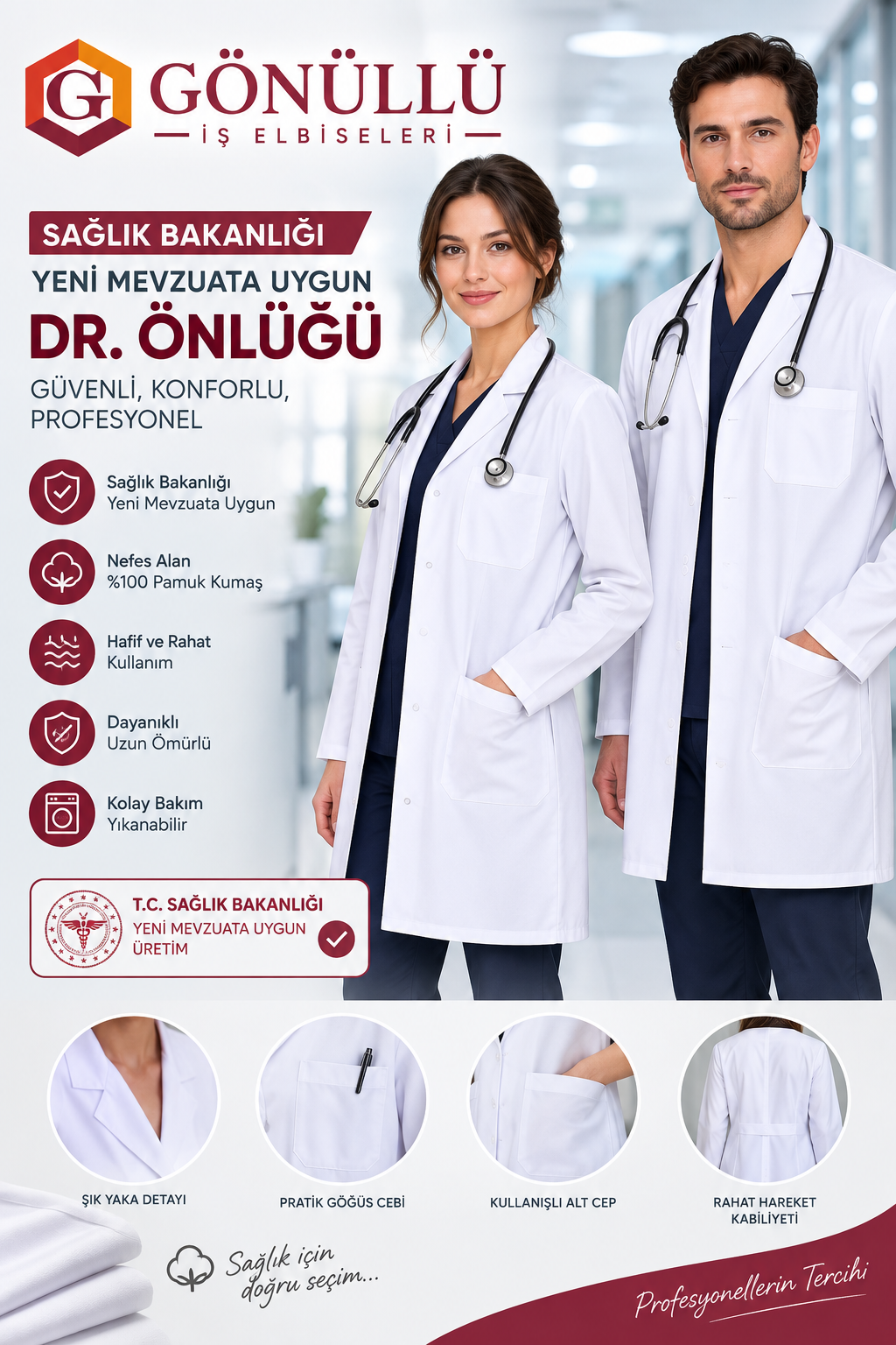 Profesyonel Doktor Önlüğü Beyaz Sağlık Önlüğü