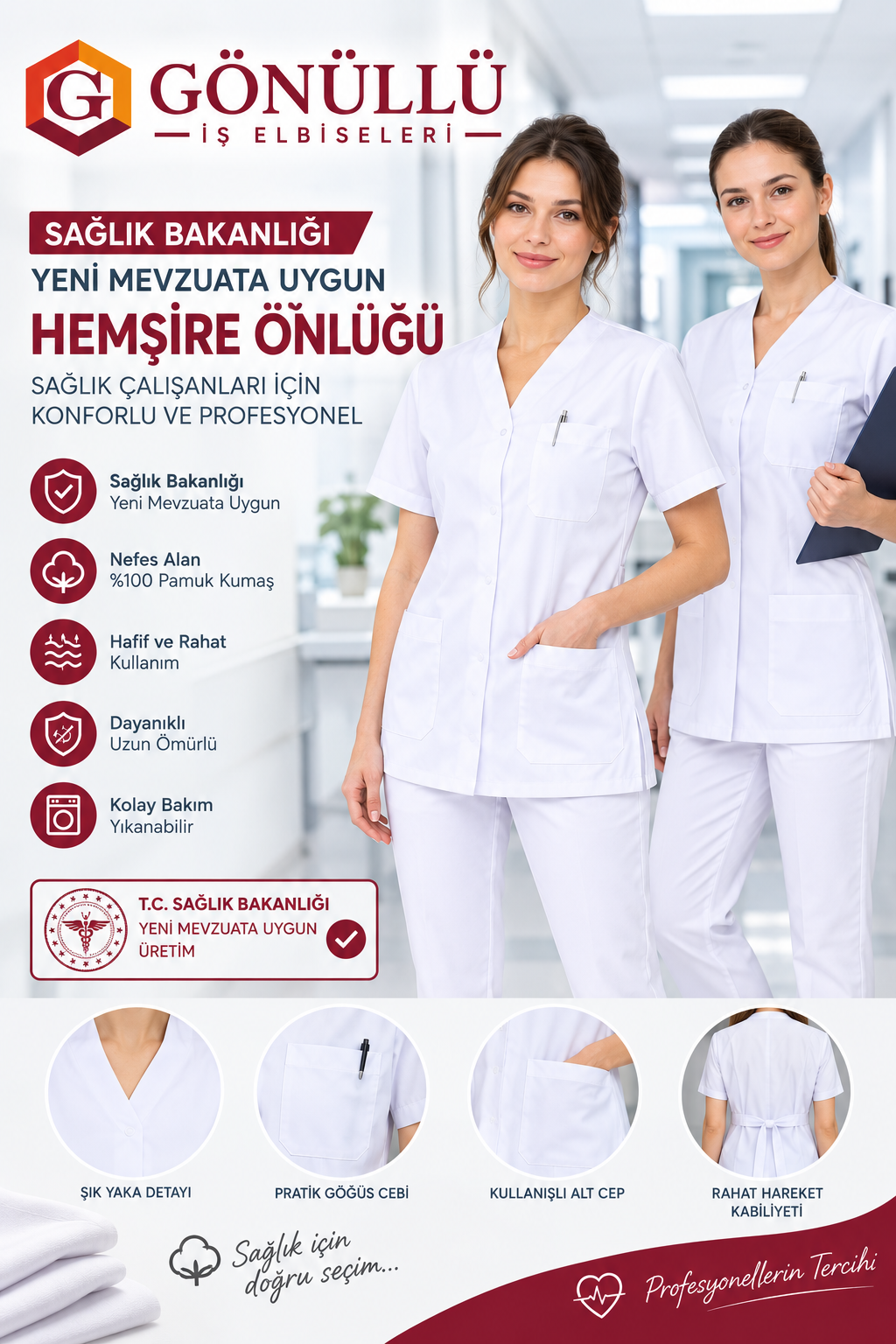 Profesyonel Hemşire Önlüğü Beyaz Hemşire Önlüğü